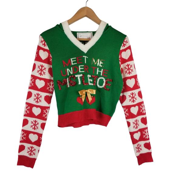 Meet Me Under The Mistletoe Hooded Ugly Christmas Sweater Size M Medium - Picture 3 of 8